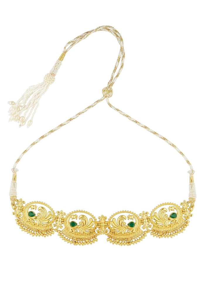 Antique Gold Mix Metal Choker Necklace With Green Accents