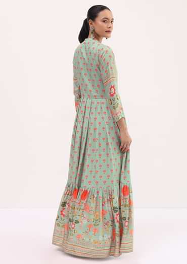 Sky Blue Embroidered Silk Long Kurti