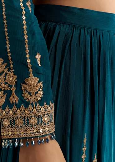 Teal Blue Zari Beaded Kurta With Sequin Palazzo And Butti Work Dupatta