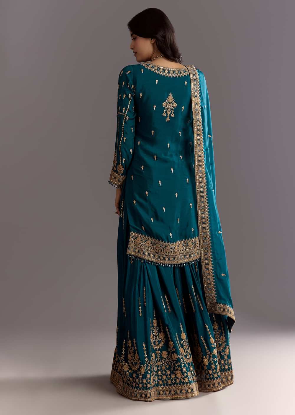 Teal Blue Zari Beaded Kurta With Sequin Palazzo And Butti Work Dupatta