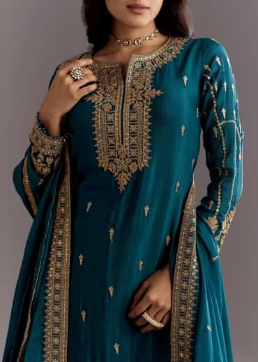 Teal Blue Zari Beaded Kurta With Sequin Palazzo And Butti Work Dupatta