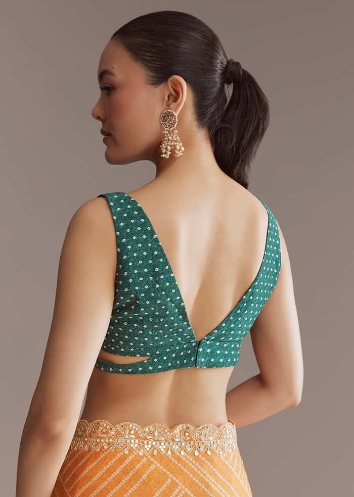 Teal Green And Orange Satin Ombre Saree With Gota Patti Border