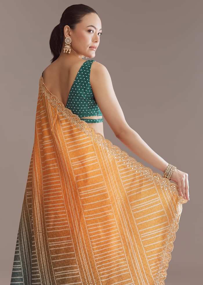 Teal Green And Orange Satin Ombre Saree With Gota Patti Border