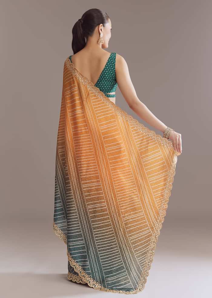 Teal Green And Orange Satin Ombre Saree With Gota Patti Border