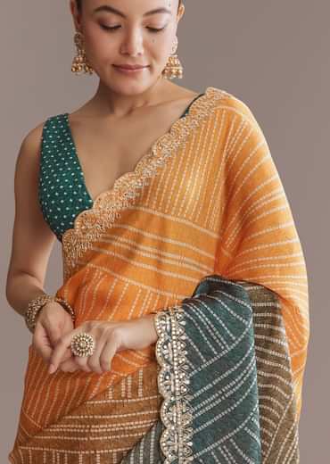 Teal Green And Orange Satin Ombre Saree With Gota Patti Border