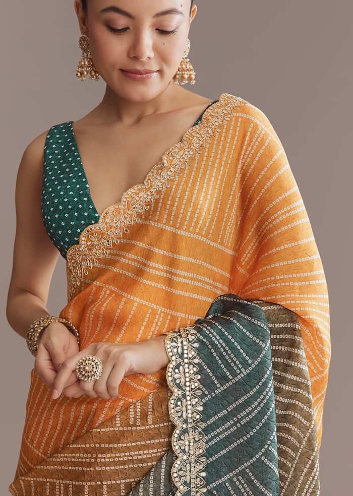 Teal Green And Orange Satin Ombre Saree With Gota Patti Border
