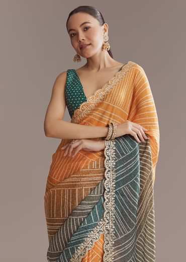 Teal Green And Orange Satin Ombre Saree With Gota Patti Border
