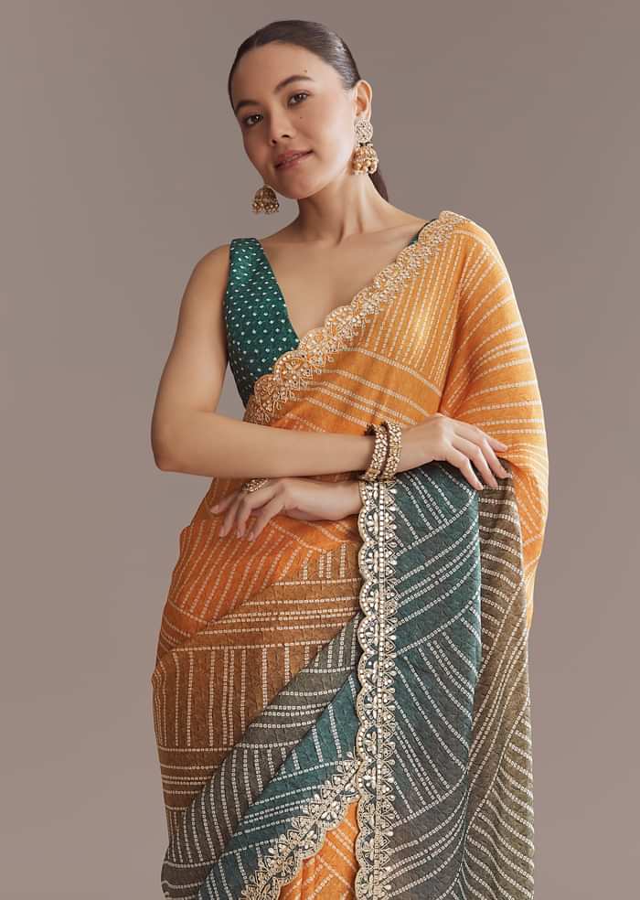 Teal Green And Orange Satin Ombre Saree With Gota Patti Border