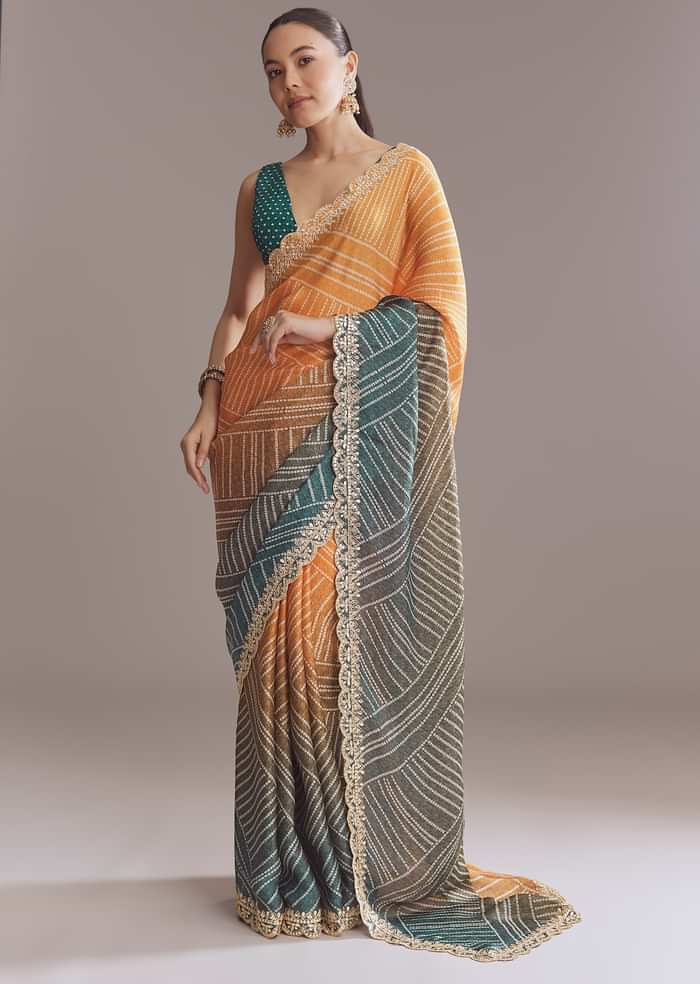 Teal Green And Orange Satin Ombre Saree With Gota Patti Border