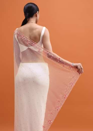 White Embroidered Net Saree In Sequin With Unstitched Blouse