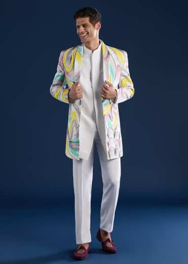 White Indo Western Set For Men With Hand Painted Work