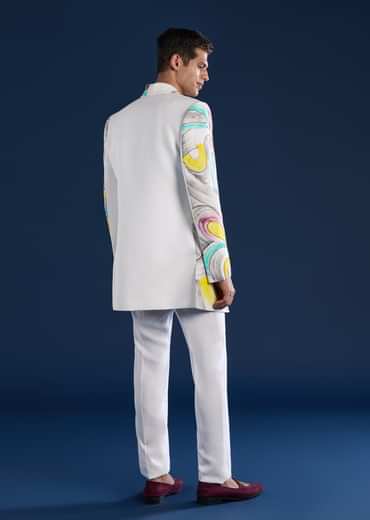 White Indo Western Set For Men With Hand Painted Work