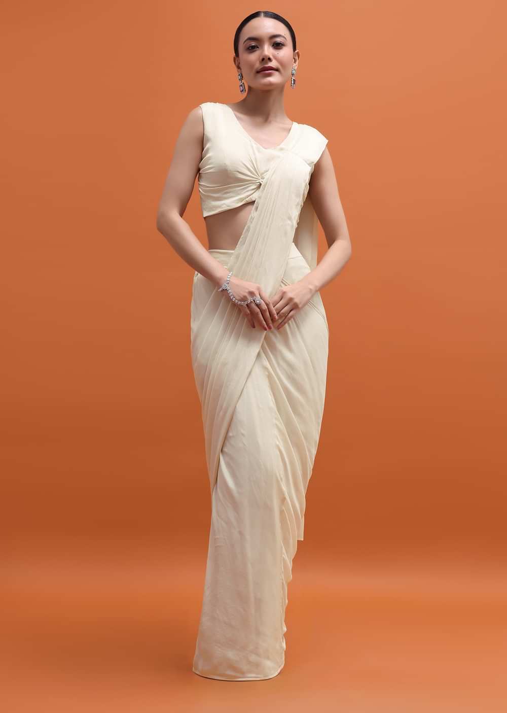 White Chiffon Embroidered Readymade Saree With Cape