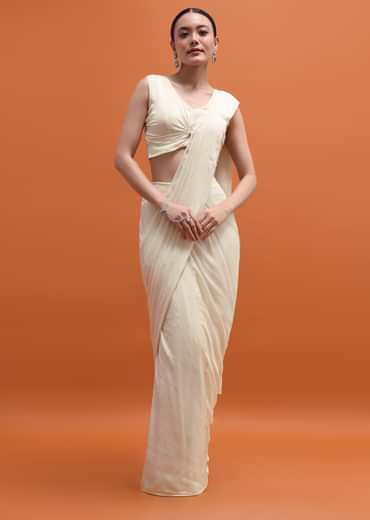 White Chiffon Embroidered Readymade Saree With Cape