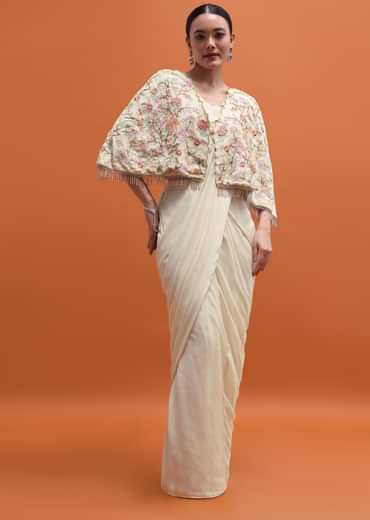 White Chiffon Embroidered Readymade Saree With Cape