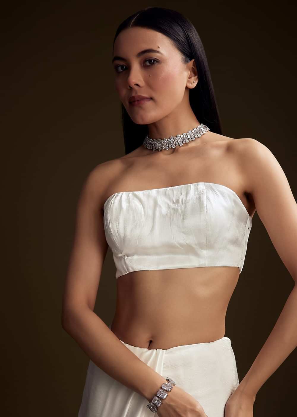 White Chinon Saree With Stone And Sequin Embroidery