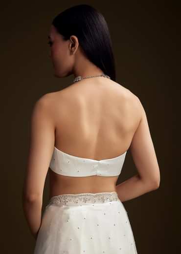 White Chinon Saree With Stone And Sequin Embroidery