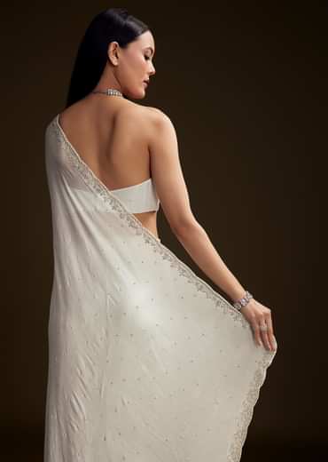 White Chinon Saree With Stone And Sequin Embroidery