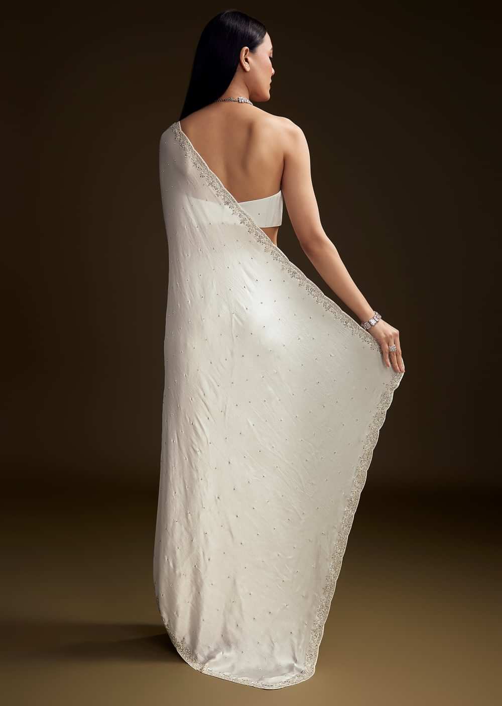 White Chinon Saree With Stone And Sequin Embroidery