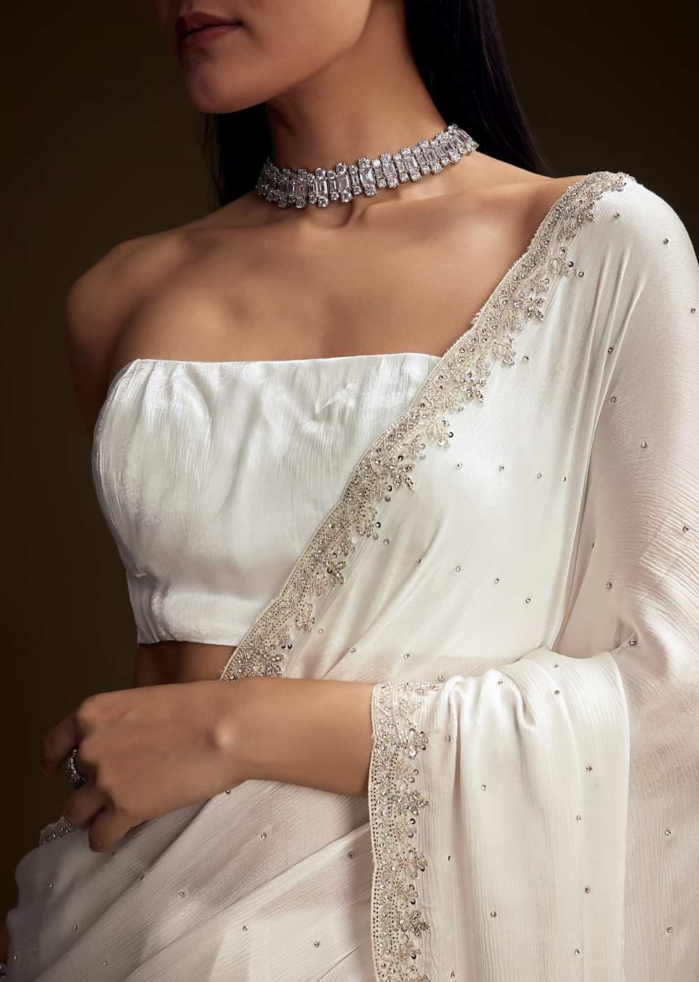White Chinon Saree With Stone And Sequin Embroidery
