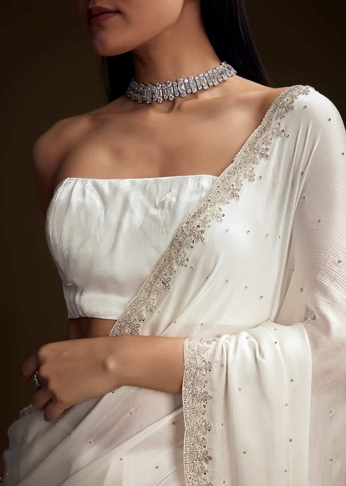 White Chinon Saree With Stone And Sequin Embroidery