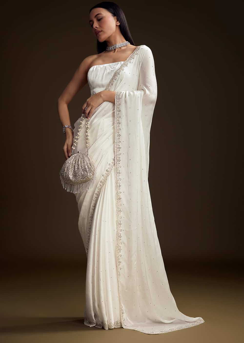 White Chinon Saree With Stone And Sequin Embroidery