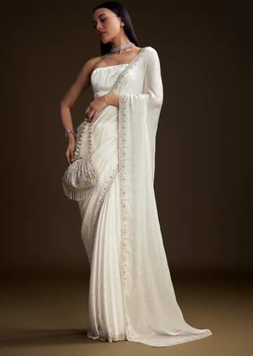 White Chinon Saree With Stone And Sequin Embroidery
