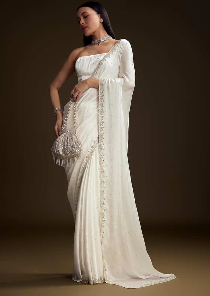 White Chinon Saree With Stone And Sequin Embroidery