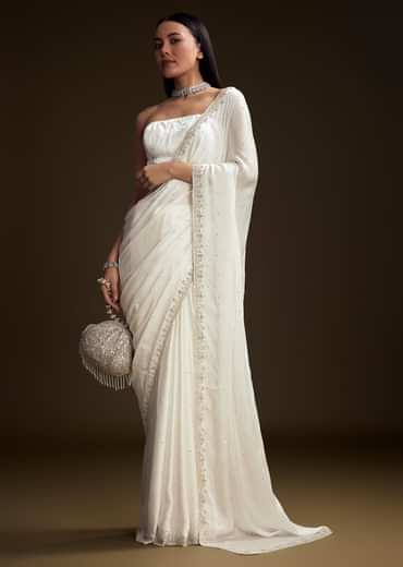 White Chinon Saree With Stone And Sequin Embroidery