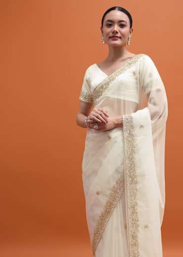 White Embroidered Border Saree With Unstitched Blouse