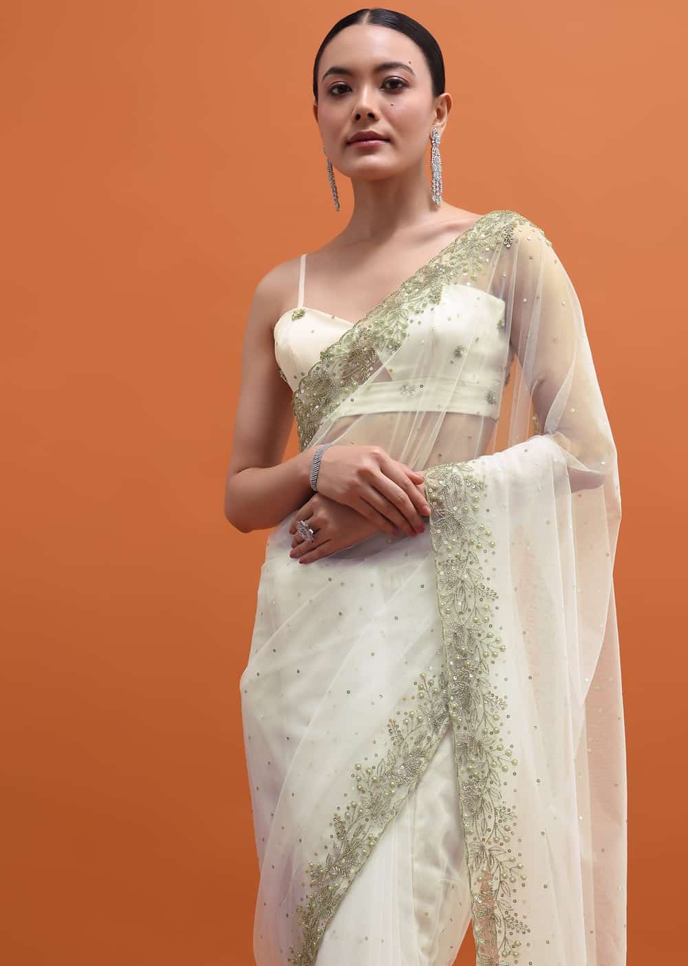 White Embroidered Net Saree With Unstitched Blouse KALKI Fashion