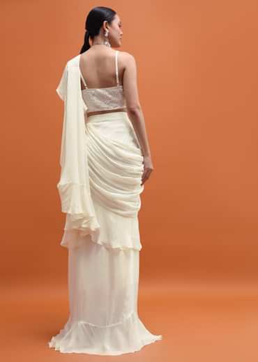 White Embroidered Silk Blouse And Skirt With Attached Dupatta