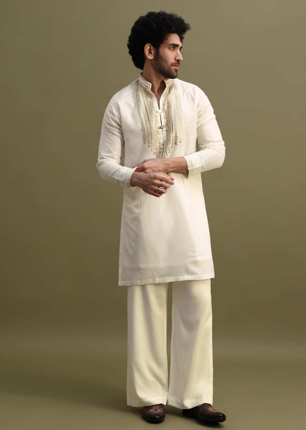 White Gold Sequin Kurta With Loose Fitted Pants