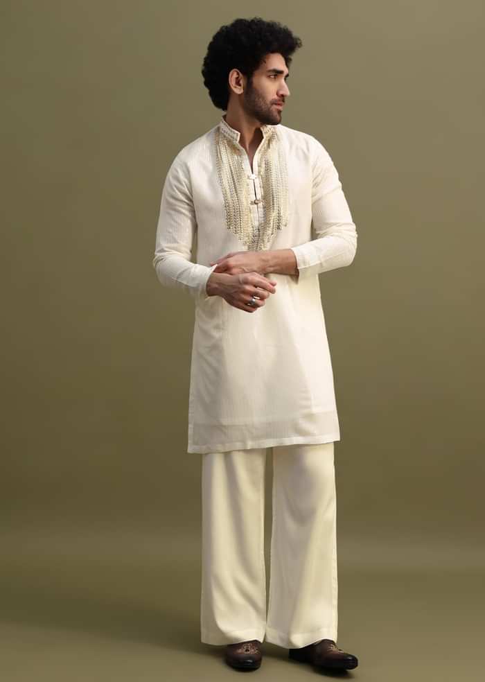 White Gold Sequin Kurta With Loose Fitted Pants