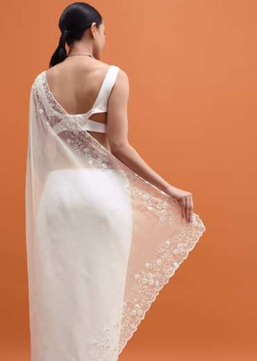White Embroidered Organza Saree With Unstitched Blouse