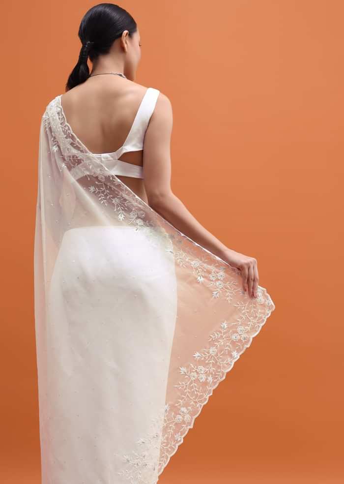 White Embroidered Organza Saree With Unstitched Blouse