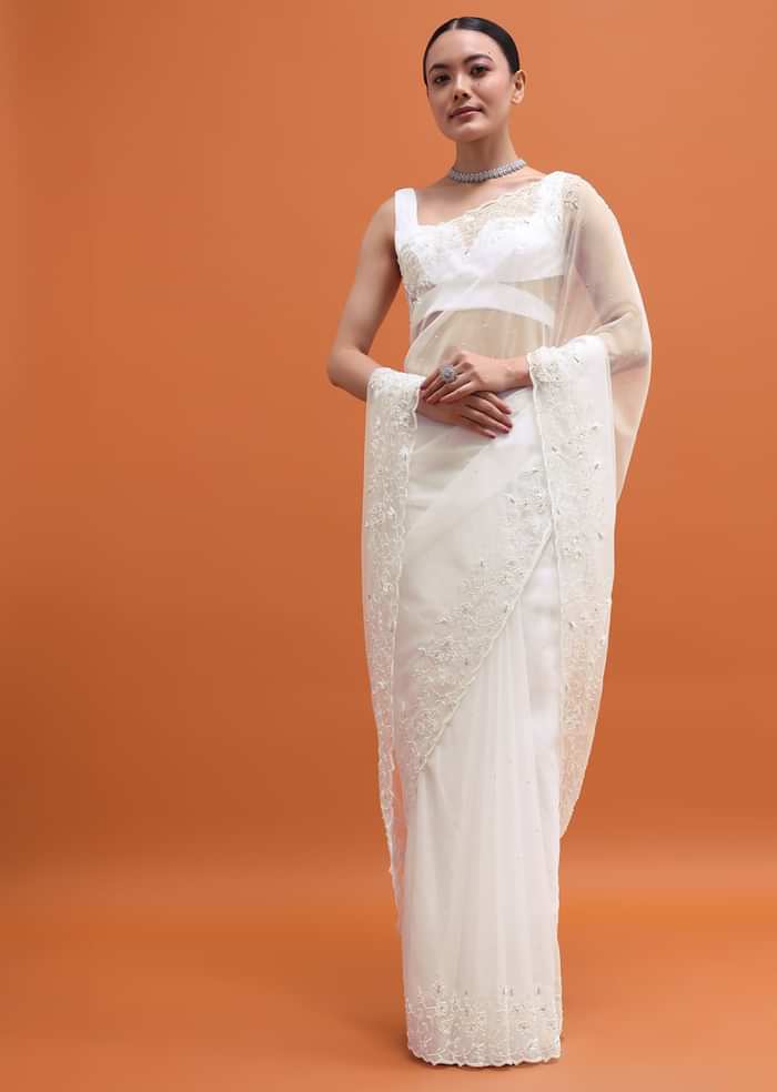White Embroidered Organza Saree With Unstitched Blouse