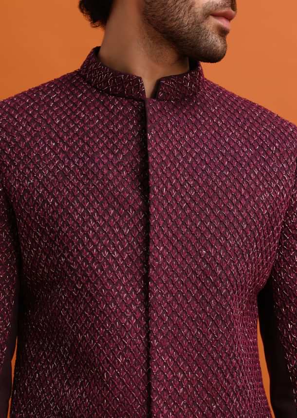 Wine Cutdana Embroidered Sherwani For Men Wine Cutdana Embroidered Sherwani For Men