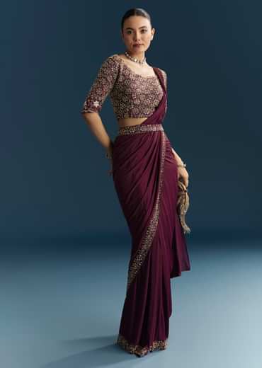 Wine Silk Ready Pleated Saree With Cutdana Work