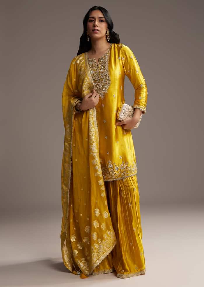 Yellow Zari Palazzo Suit Set With Dupatta