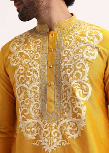 Mustard Yellow Kurta Set With Threadwork
