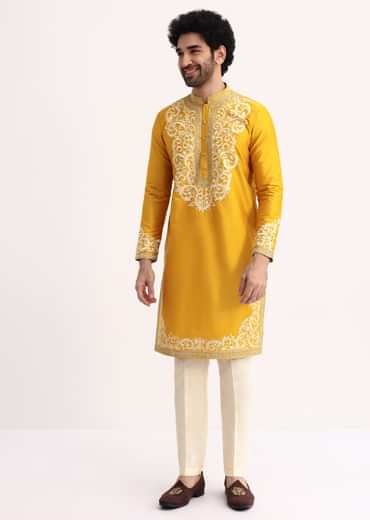 Mustard Yellow Kurta Set With Threadwork