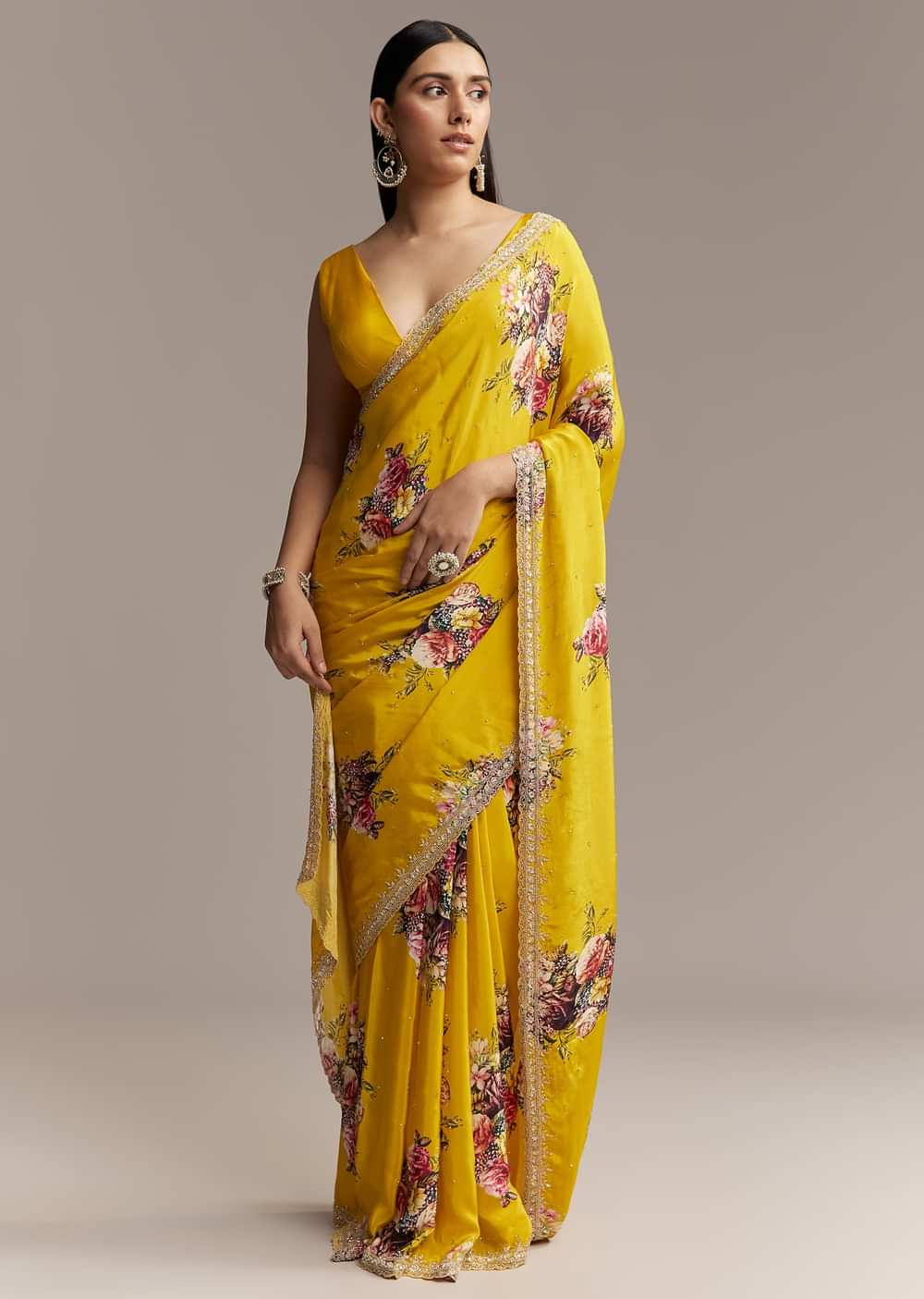 Yellow Crepe Saree With Multicolor Floral Print And Embellished Border