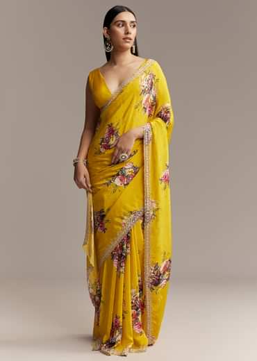 Yellow Crepe Saree With Multicolor Floral Print And Embellished Border