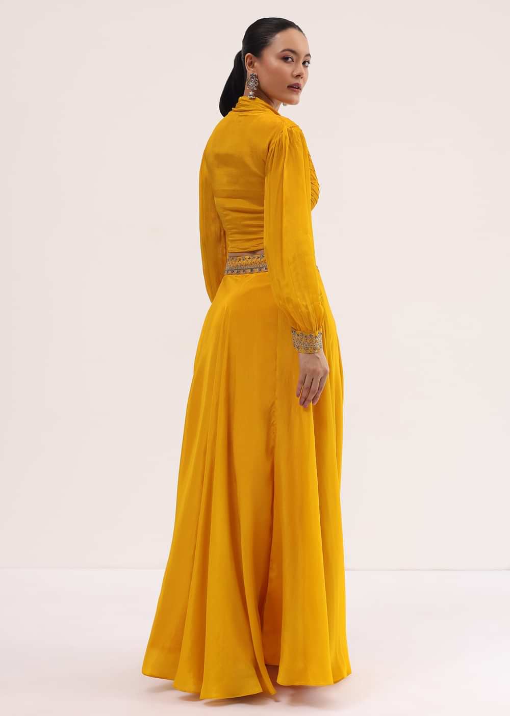 Yellow Embroidered Chiffon Crop Top And Skirt