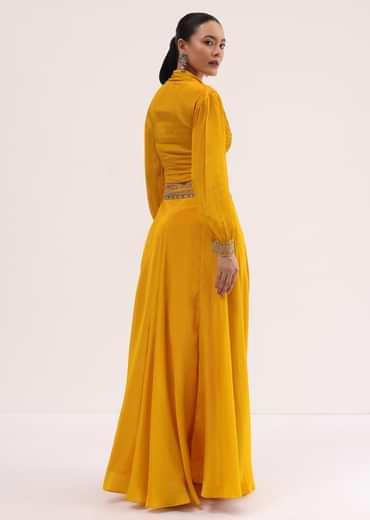 Yellow Embroidered Chiffon Crop Top And Skirt