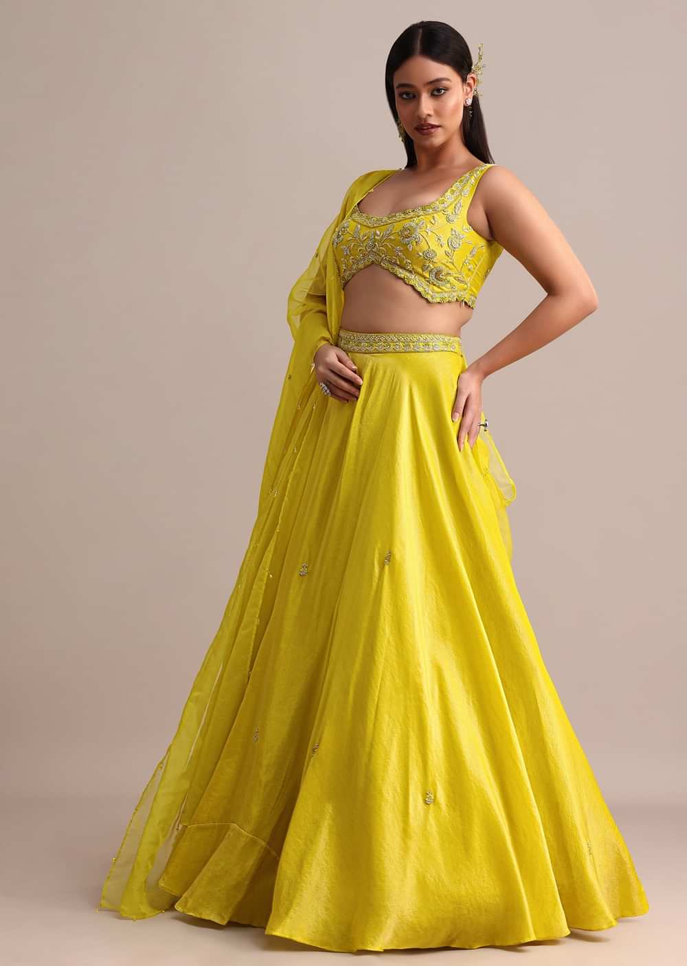 Yellow Garwal Tissue Double Circular Lehenga With Embroidered Blouse And Dupatta