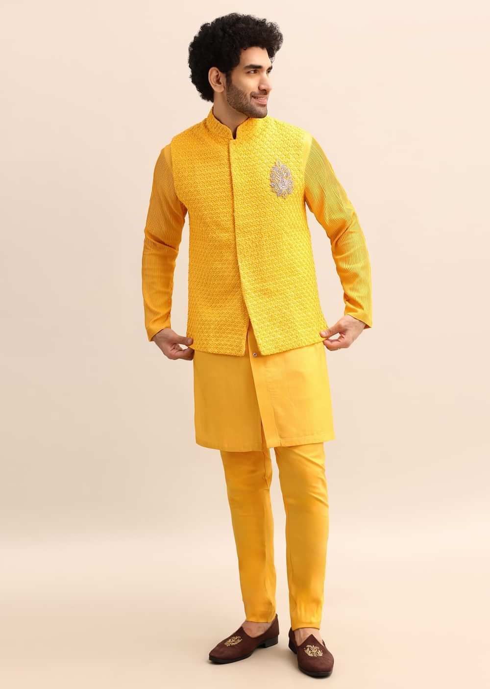 Yellow Kurta Set With Hand Embroidered Jacket