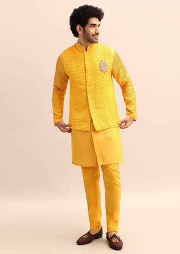 Yellow Kurta Set With Hand Embroidered Jacket