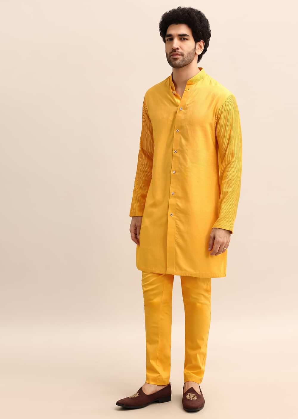 Yellow Kurta Set With Hand Embroidered Jacket